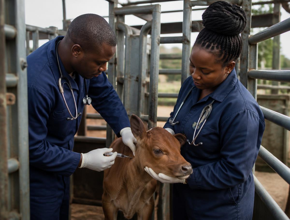 CAED veterinary team vaccinating a calf on a Kenyan farm